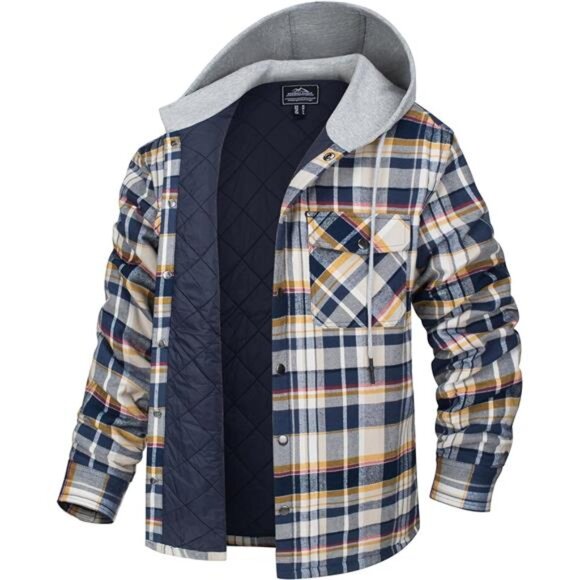 Men's Quilted Lined Flannel Hoodie Jacket Cotton Button Down Shirt Jacket - Picture 1 of 12